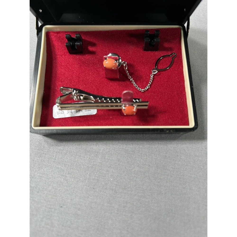 Coral tie clip and tie pin with box coral bead set‎ in silver tone men's fashion